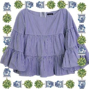 EUC MDS Stripes Tiered Blue/White Striped Poplin Shirt w/ Bell Sleeves, Size 4